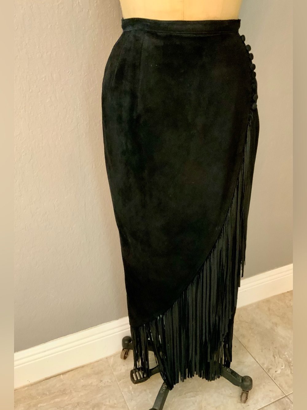 Vintage 90’s Melanzona Black Suede Fringe Maxi Skirt, size 6